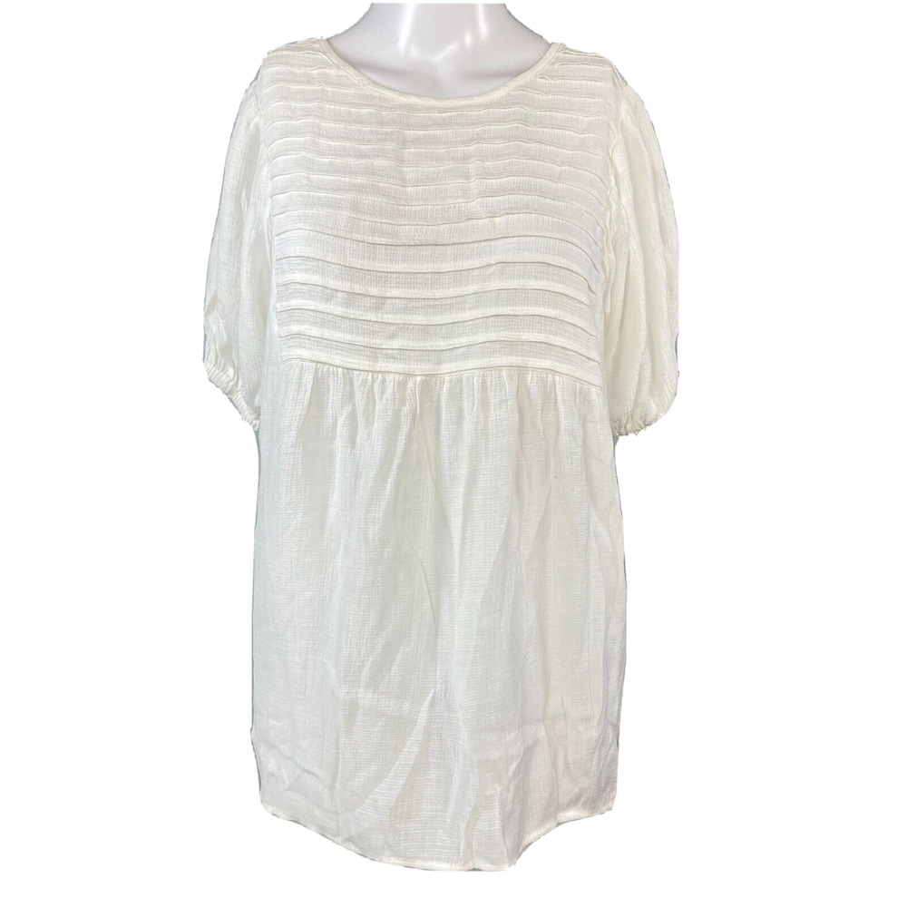 NWT L Love Shirt Womens Sz M Off White Gauze Pleated Puff Sleeve Corset Back Top